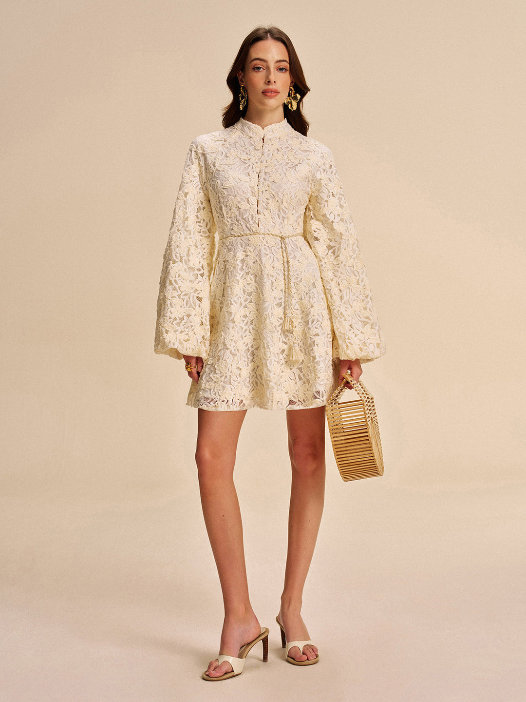 Lace Bell-Sleeve Dress With Belt  Liora Lane Boutique Dresses Off-White / XL 92.00