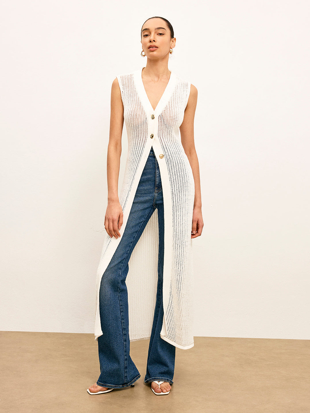 Knit Hollow Metal Detail Sleeveless Cardigan  Liora Lane Boutique Cardigans