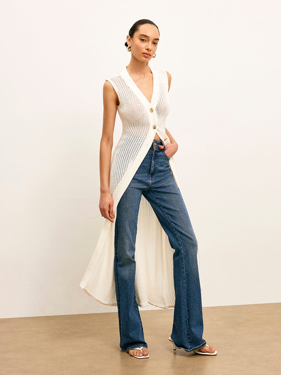 Knit Hollow Metal Detail Sleeveless Cardigan  Liora Lane Boutique Cardigans