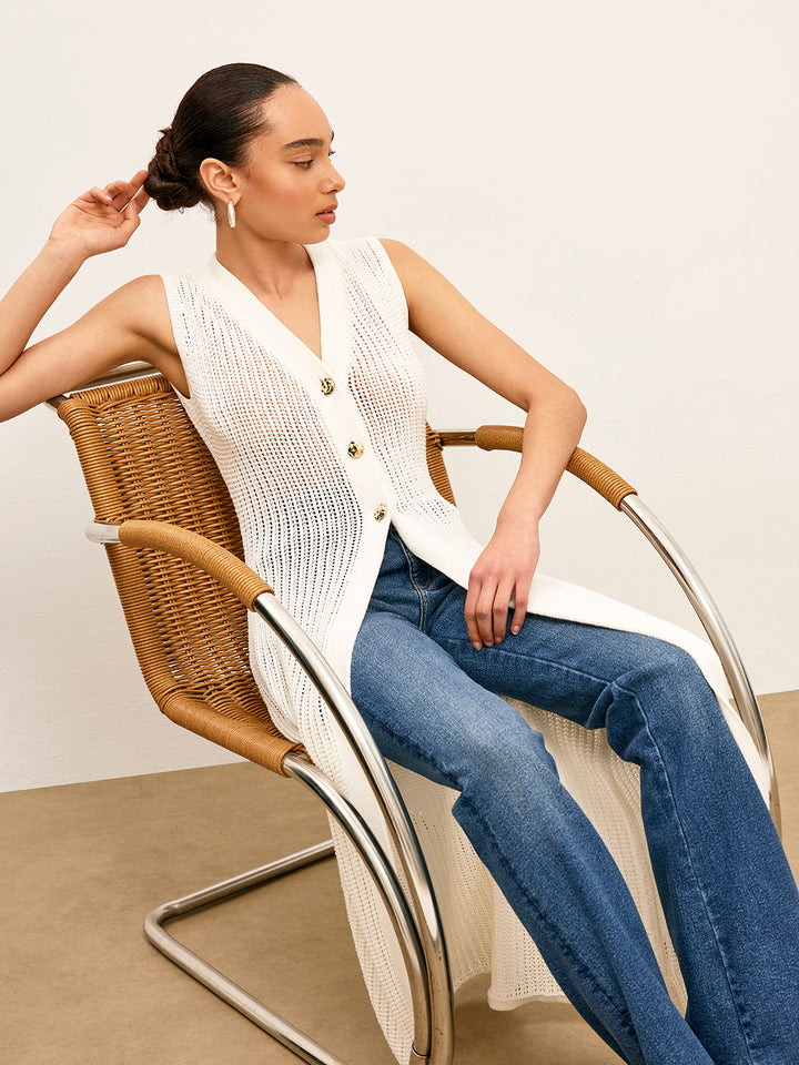 Knit Hollow Metal Detail Sleeveless Cardigan  Liora Lane Boutique Cardigans Off-White / XL 89.99