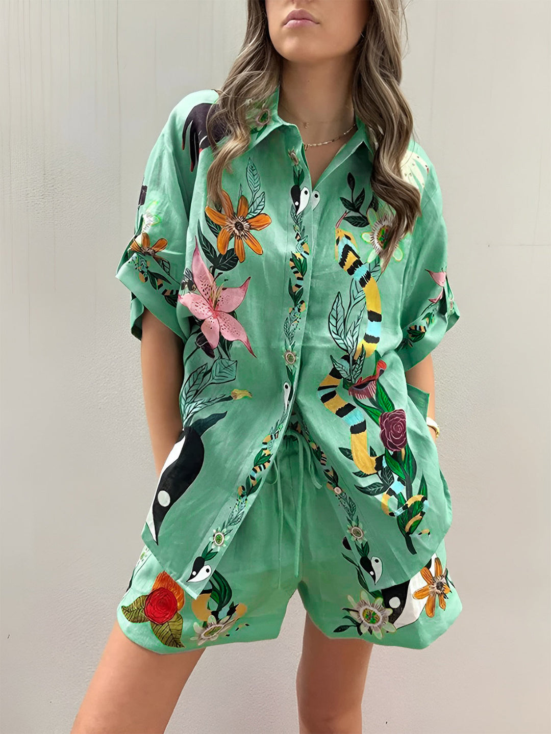 Oversized Floral Print Shorts Set  Liora Lane Boutique Short Sets Green / XL 49.00