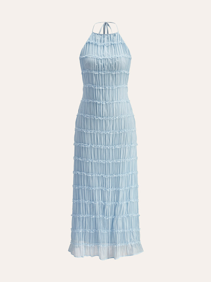 Halter Strappy Back Ruffled Dress  Liora Lane Boutique Dresses Blue / XL 55.00