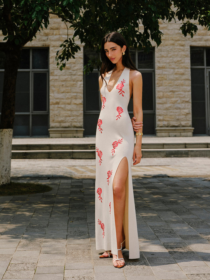 Embroidered Split Knit Halter Dress  Liora Lane Boutique Sweater Dresses