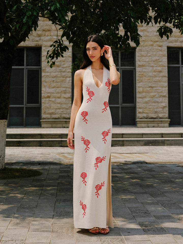 Embroidered Split Knit Halter Dress  Liora Lane Boutique Sweater Dresses