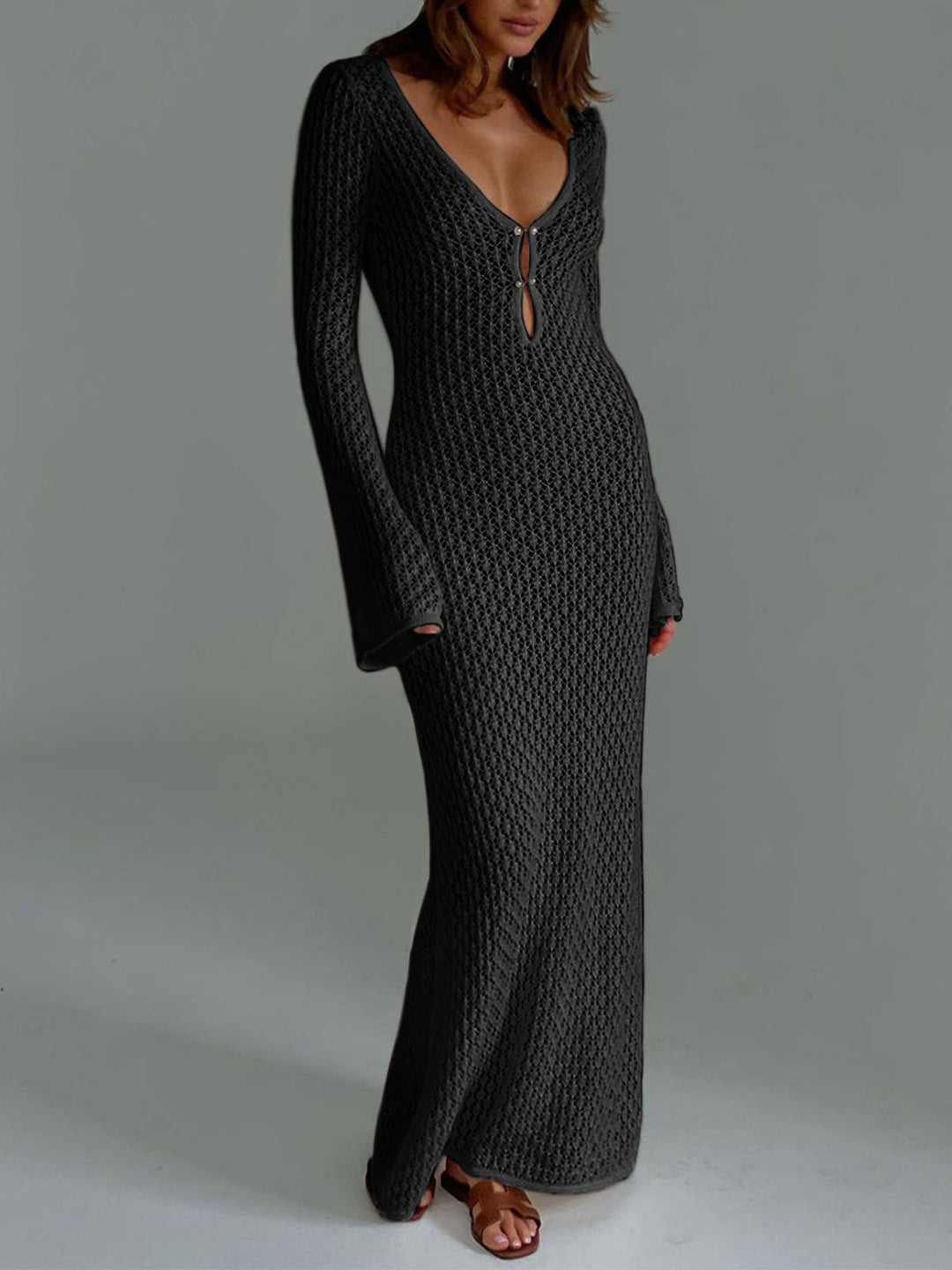 Cover Up Long Sleeve Open Back Long Dress  Liora Lane Boutique Sweater Dresses Black / XL 122.99