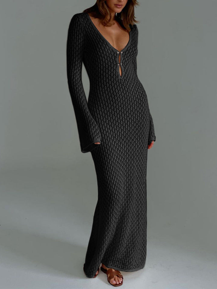 Cover Up Long Sleeve Open Back Long Dress  Liora Lane Boutique Sweater Dresses Black / XL 122.99