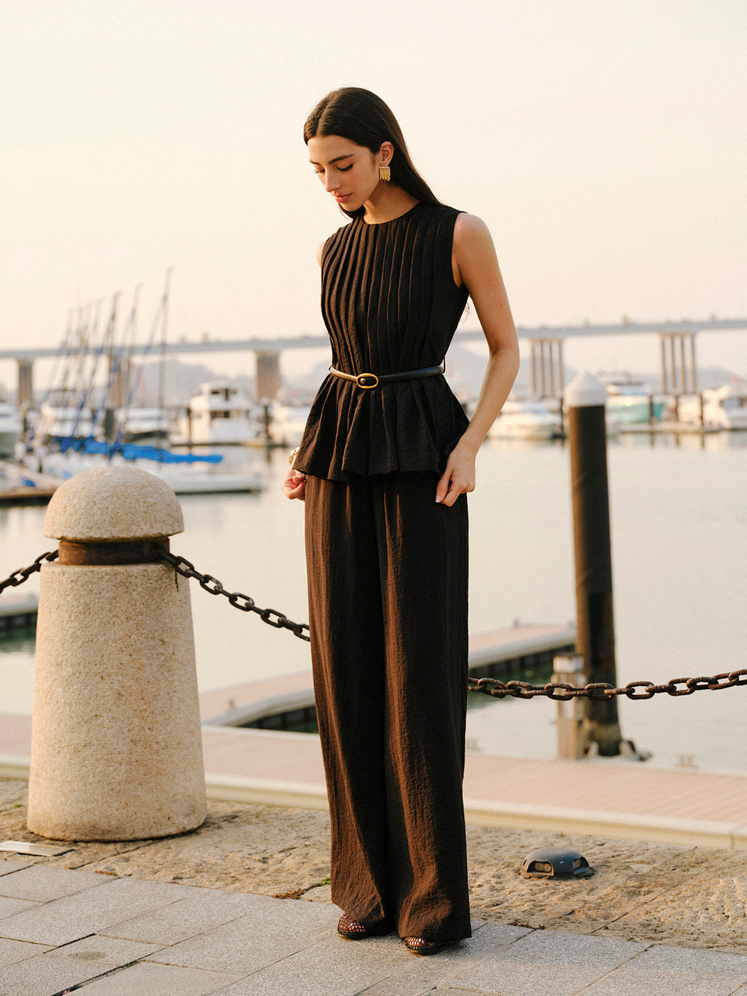 Peplum Top Wide-Leg Pants Set With Belt  Liora Lane Boutique Pant Sets