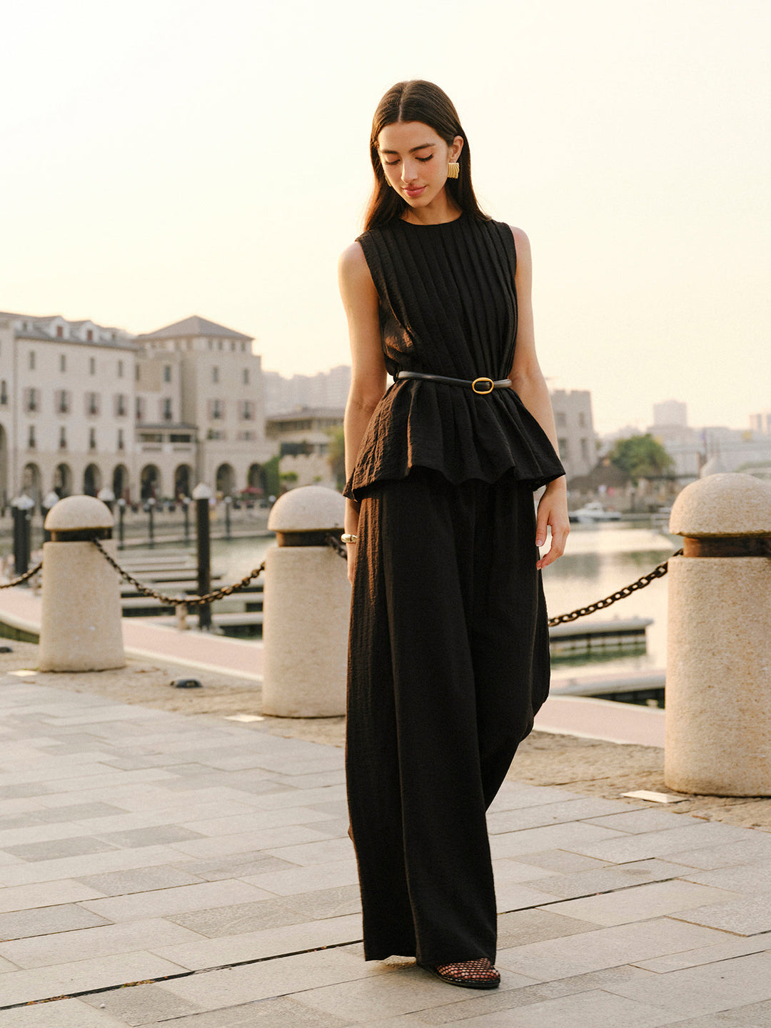 Peplum Top Wide-Leg Pants Set With Belt  Liora Lane Boutique Pant Sets Black / XL 156.99