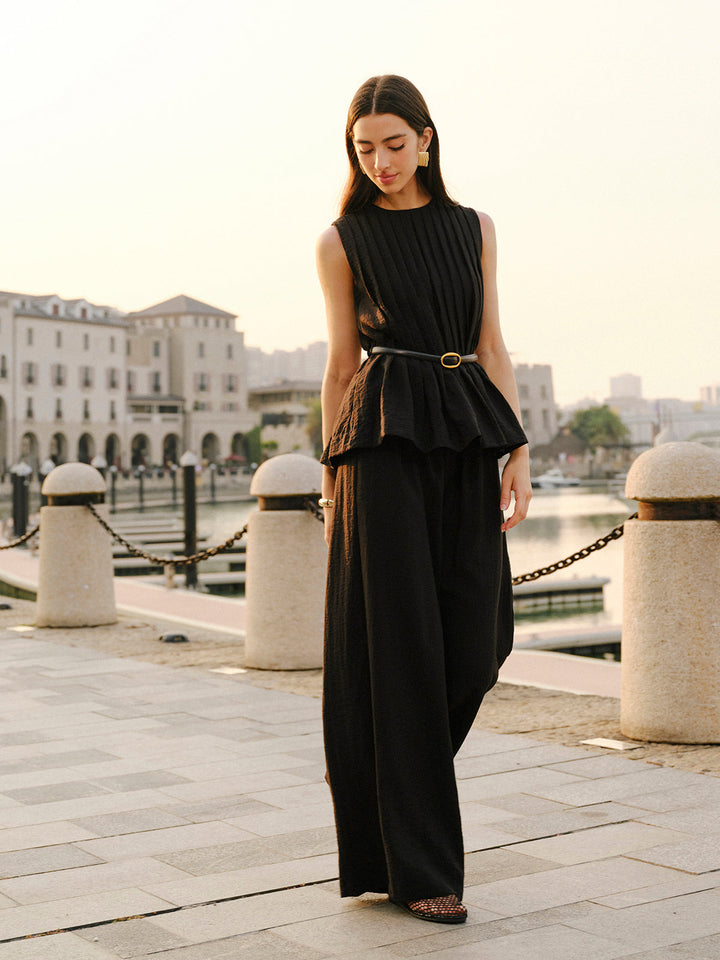 Peplum Top Wide-Leg Pants Set With Belt  Liora Lane Boutique Pant Sets Black / XL 156.99