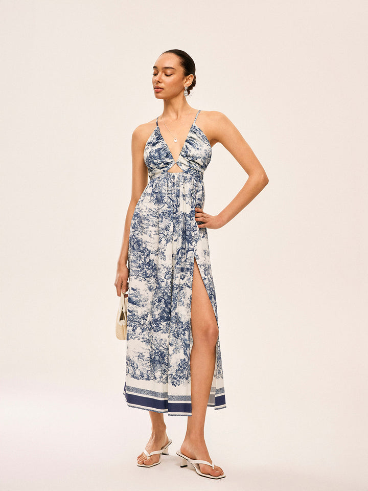 Printed Contrast Trim Knotted Spilt Dress  Liora Lane Boutique Dresses