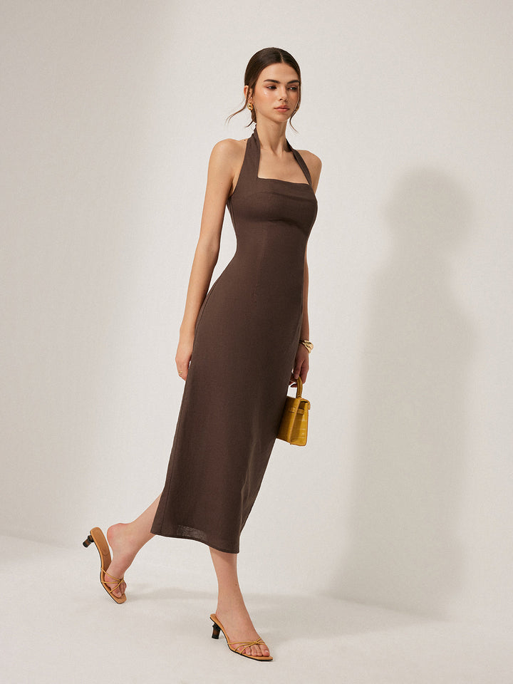 Cotton & Linen Halter Backless Split Dress  Liora Lane Boutique Dresses