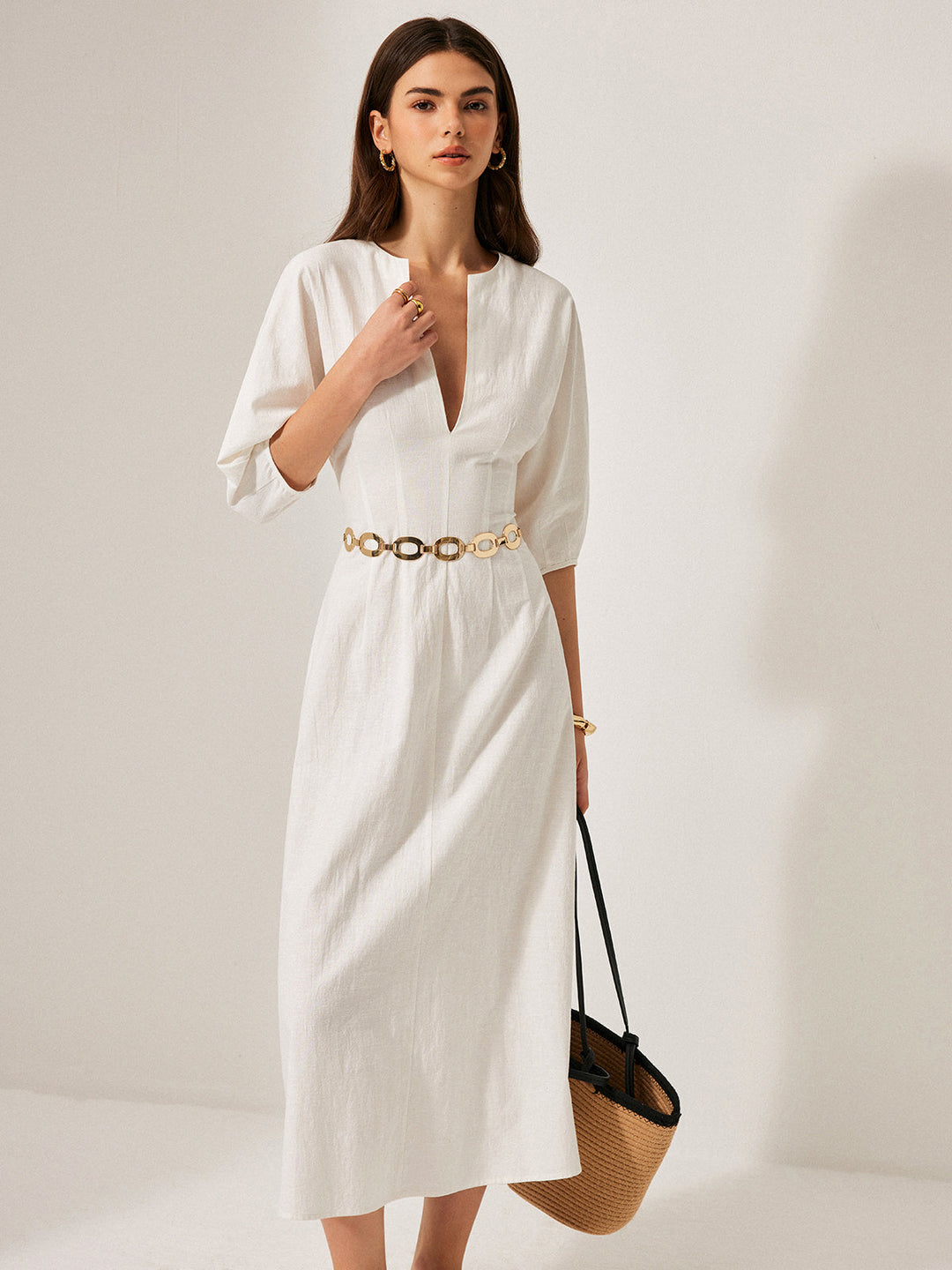 Cotton & Linen Puff Sleeve Dress Without Belt  Liora Lane Boutique Dresses