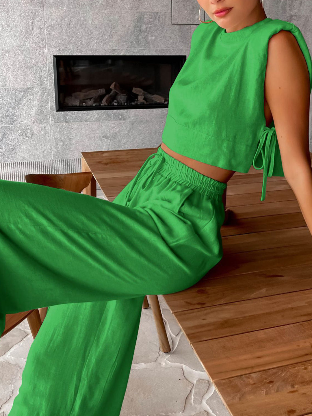 Utility Linen Two Piece Wide Leg Pants Set  Liora Lane Boutique Pant Sets Green / XL 127.99