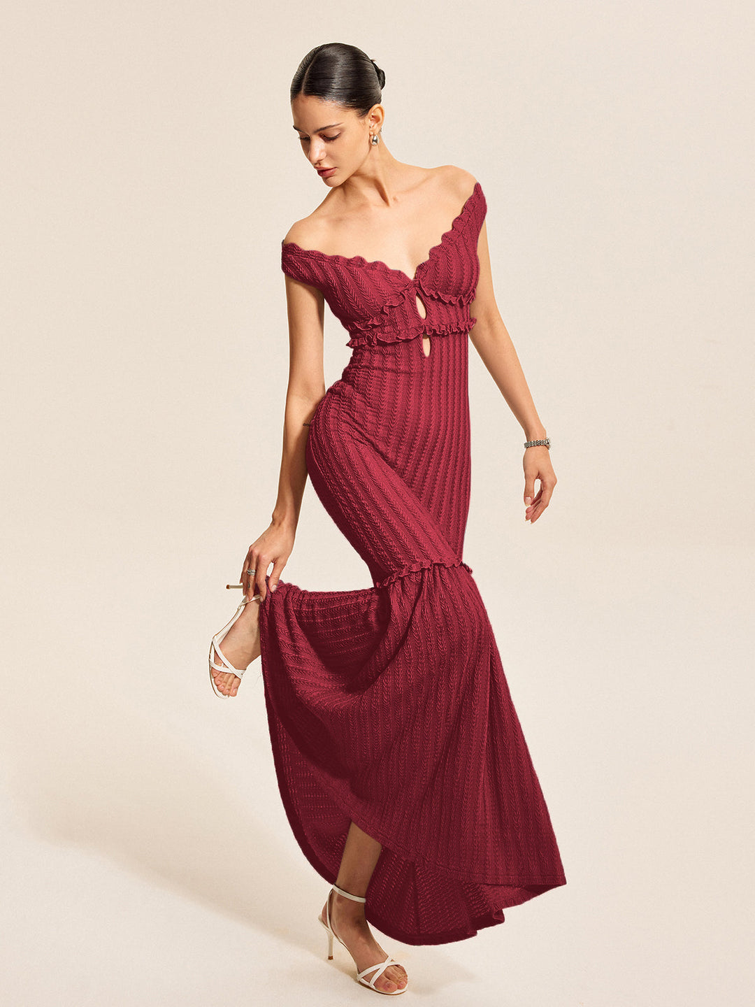 Off-Shoulder Ruffle Detail Dress  Liora Lane Boutique Dresses Red / XL 49.00