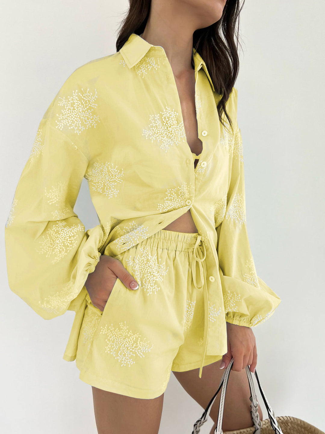 Semi-Sheer Plant Embroidery Casual Shorts Set  Liora Lane Boutique Short Sets Yellow / XL 74.00
