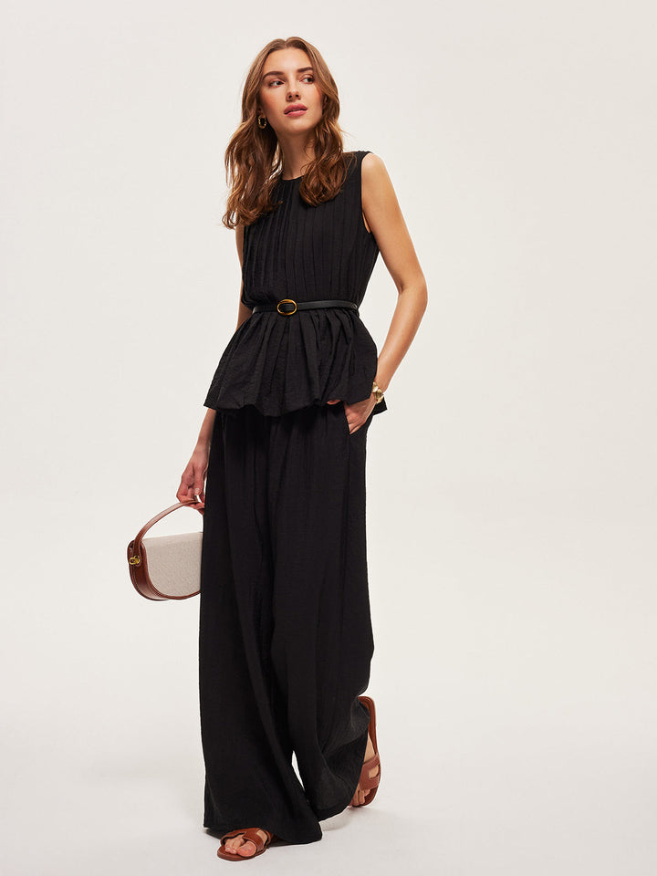 Peplum Top Wide-Leg Pants Set With Belt  Liora Lane Boutique Pant Sets