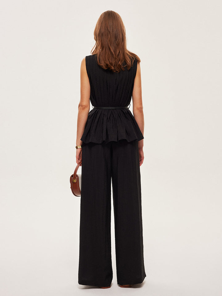 Peplum Top Wide-Leg Pants Set With Belt  Liora Lane Boutique Pant Sets