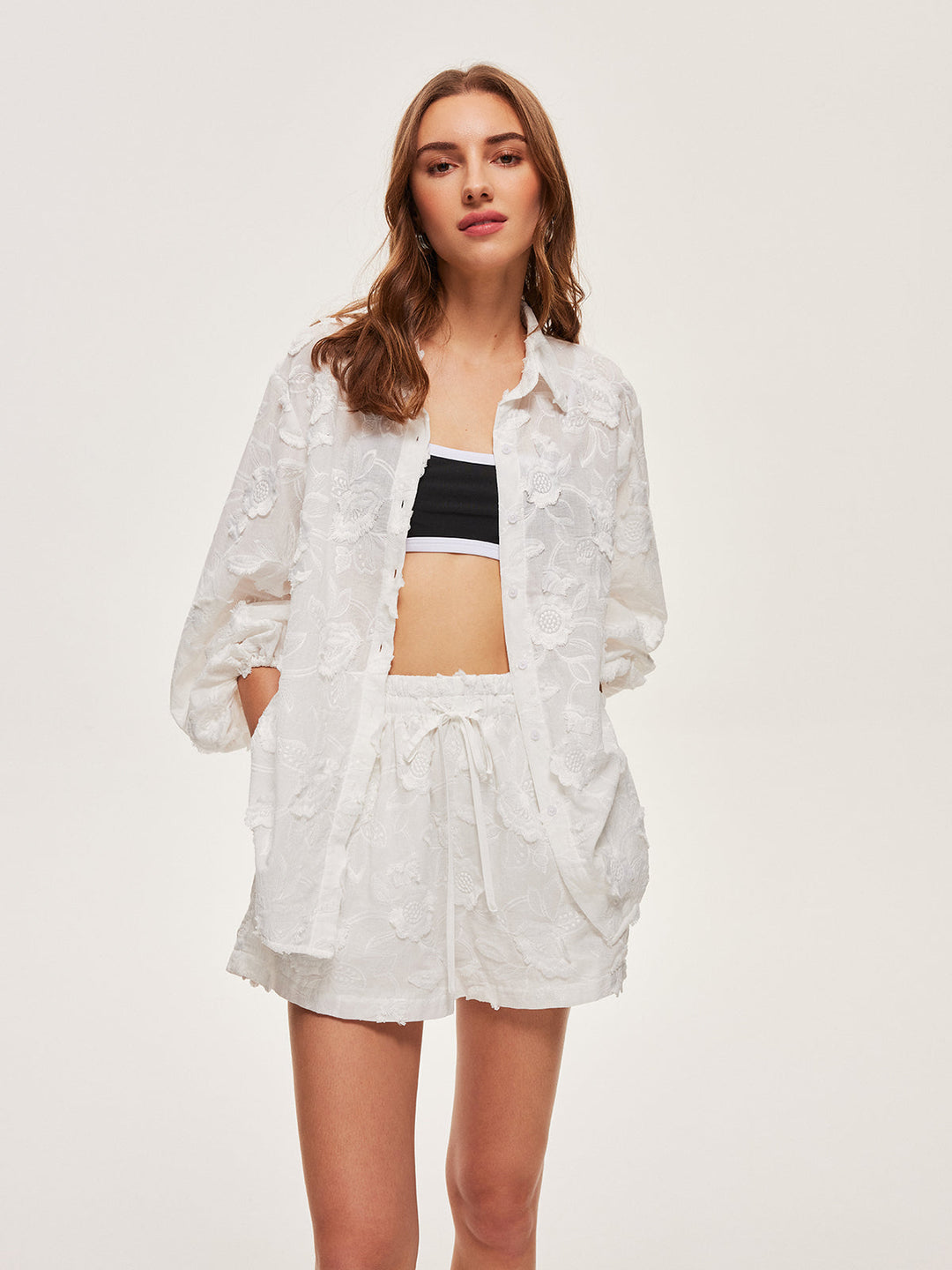 Semi-Sheer Cotton Embroidered Shirt With Shorts Set  Liora Lane Boutique Short Sets