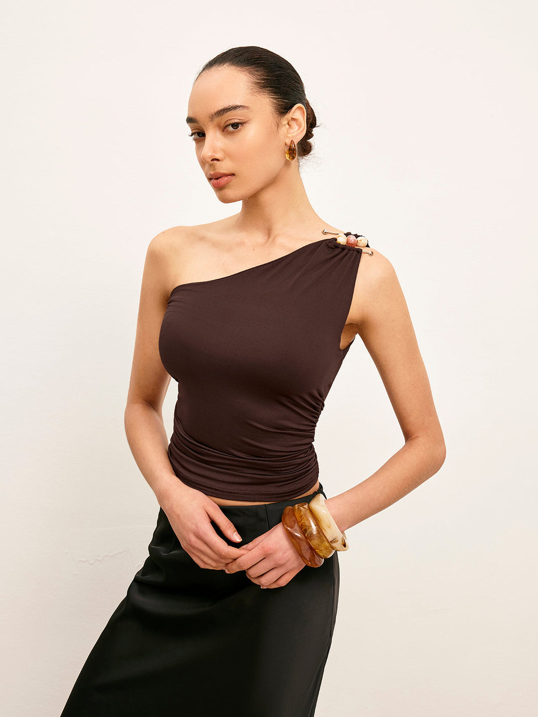 One-Shoulder Metal Detail Ruched Top  Liora Lane Boutique T-Shirts