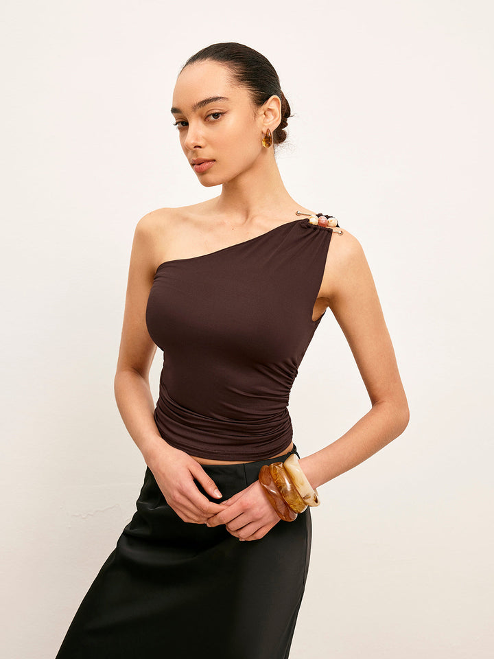 One-Shoulder Metal Detail Ruched Top  Liora Lane Boutique T-Shirts