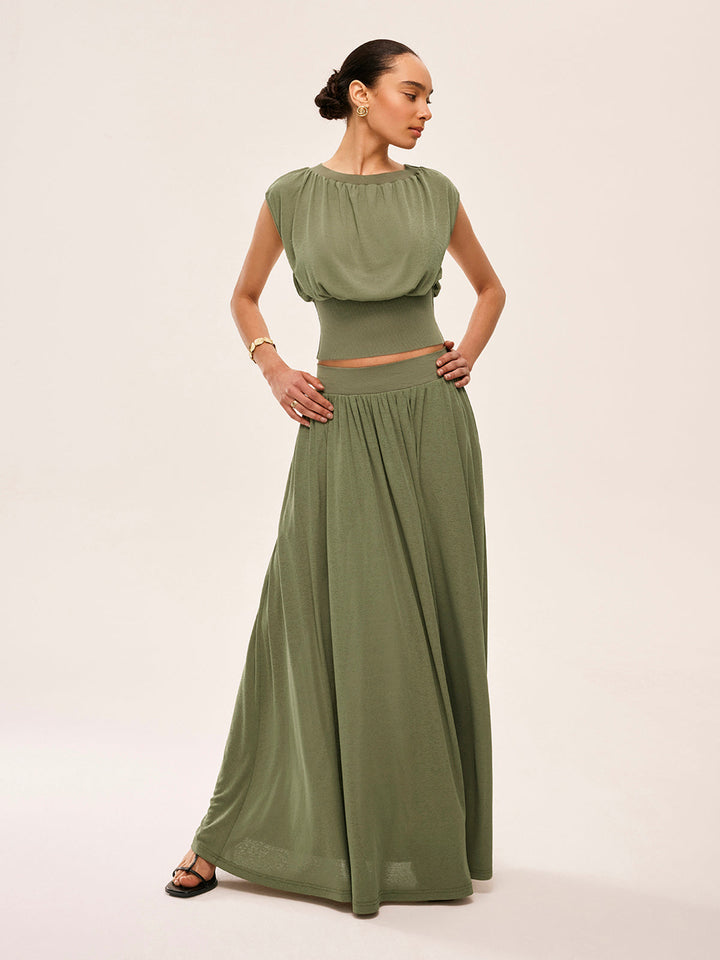 Gathered Waist Top With Flowy Skirt Set  Liora Lane Boutique Skirt Sets Green / XL 58.00