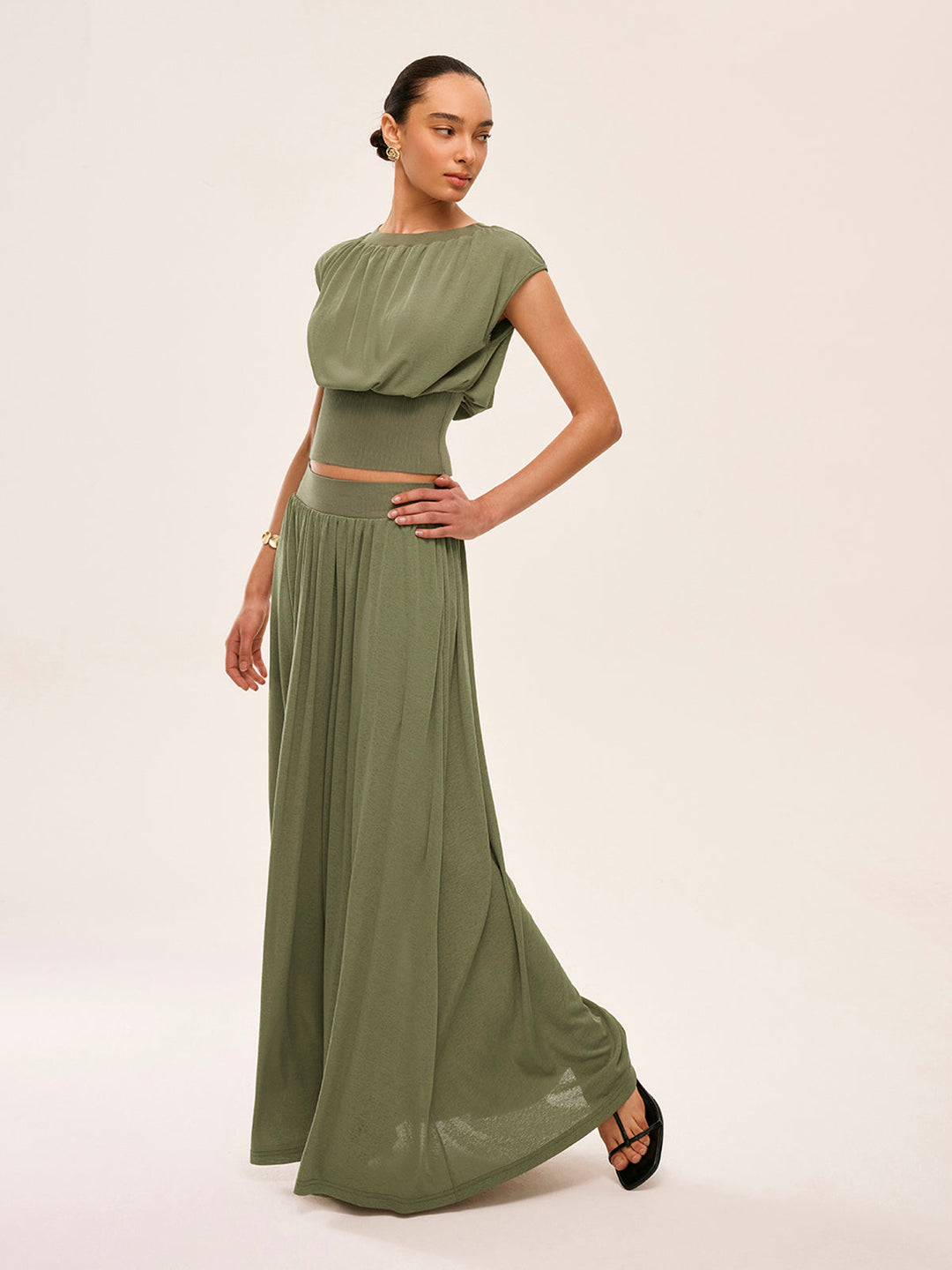Gathered Waist Top With Flowy Skirt Set  Liora Lane Boutique Skirt Sets