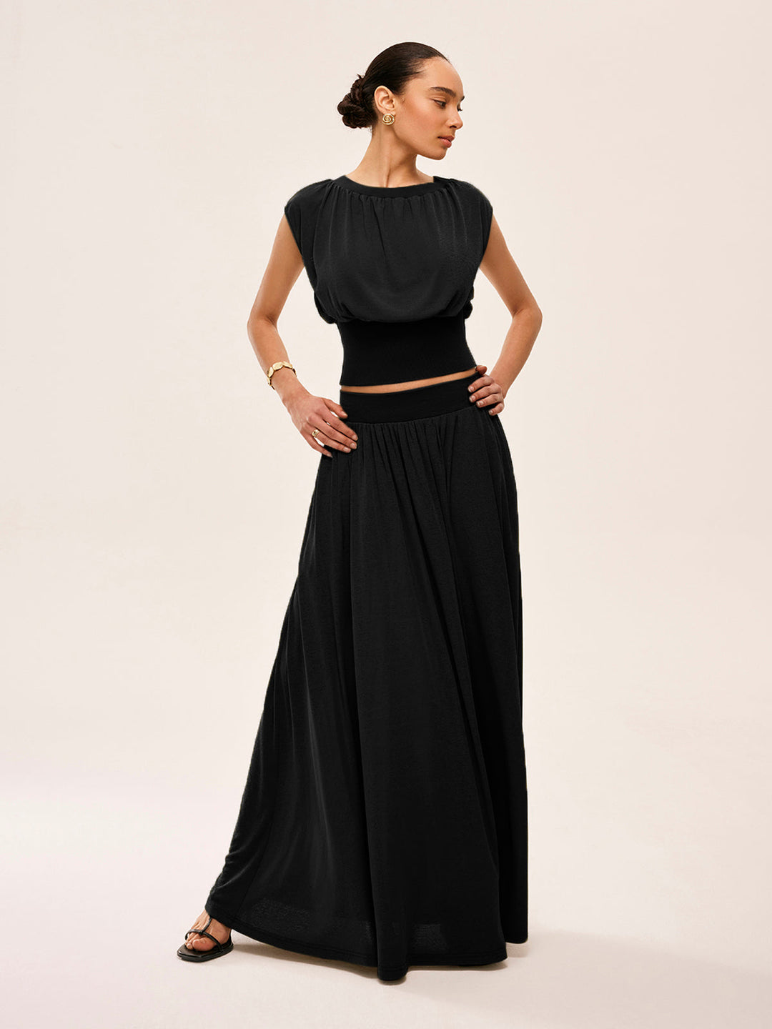 Gathered Waist Top With Flowy Skirt Set  Liora Lane Boutique Skirt Sets Black / XL 58.00