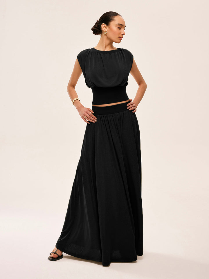 Gathered Waist Top With Flowy Skirt Set  Liora Lane Boutique Skirt Sets Black / XL 58.00