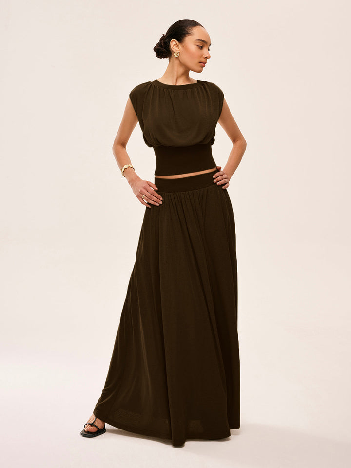 Gathered Waist Top With Flowy Skirt Set  Liora Lane Boutique Skirt Sets Dark Brown / XL 58.00