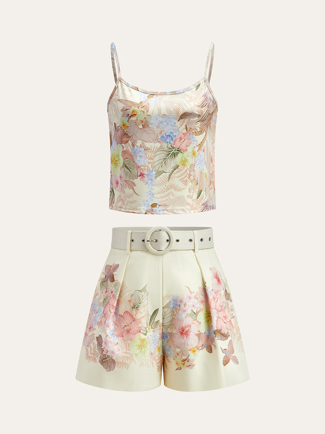 Floral Print Three-Piece Shorts Set With Belt  Liora Lane Boutique Short Sets