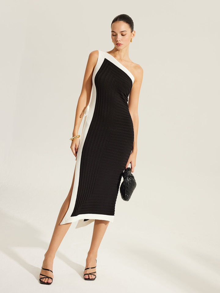 Side Tie Color-Block One-Shoulder Knit Dress  Liora Lane Boutique Sweater Dresses