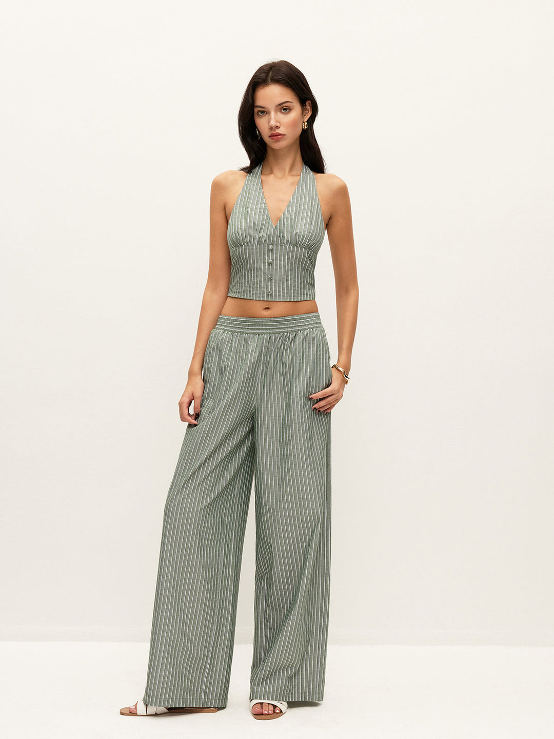 Striped Button-Detail Halter Top With Pants Set  Liora Lane Boutique Pant Sets