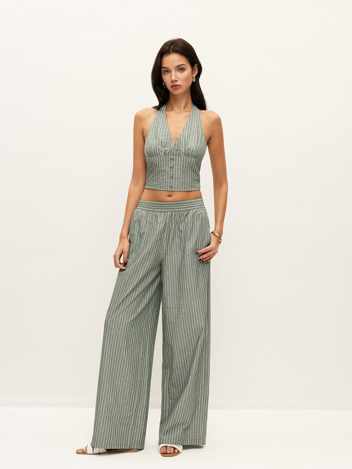 Striped Button-Detail Halter Top With Pants Set  Liora Lane Boutique Pant Sets