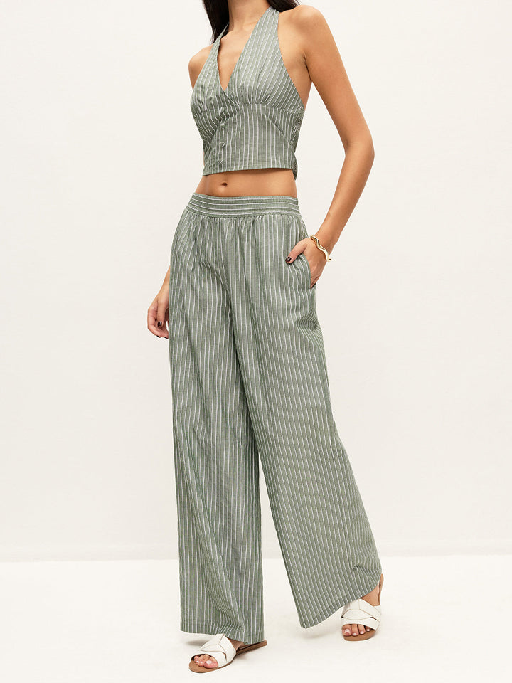 Striped Button-Detail Halter Top With Pants Set  Liora Lane Boutique Pant Sets