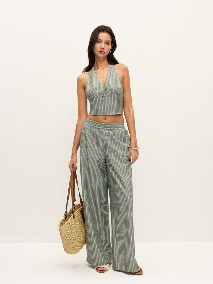 Striped Button-Detail Halter Top With Pants Set  Liora Lane Boutique Pant Sets