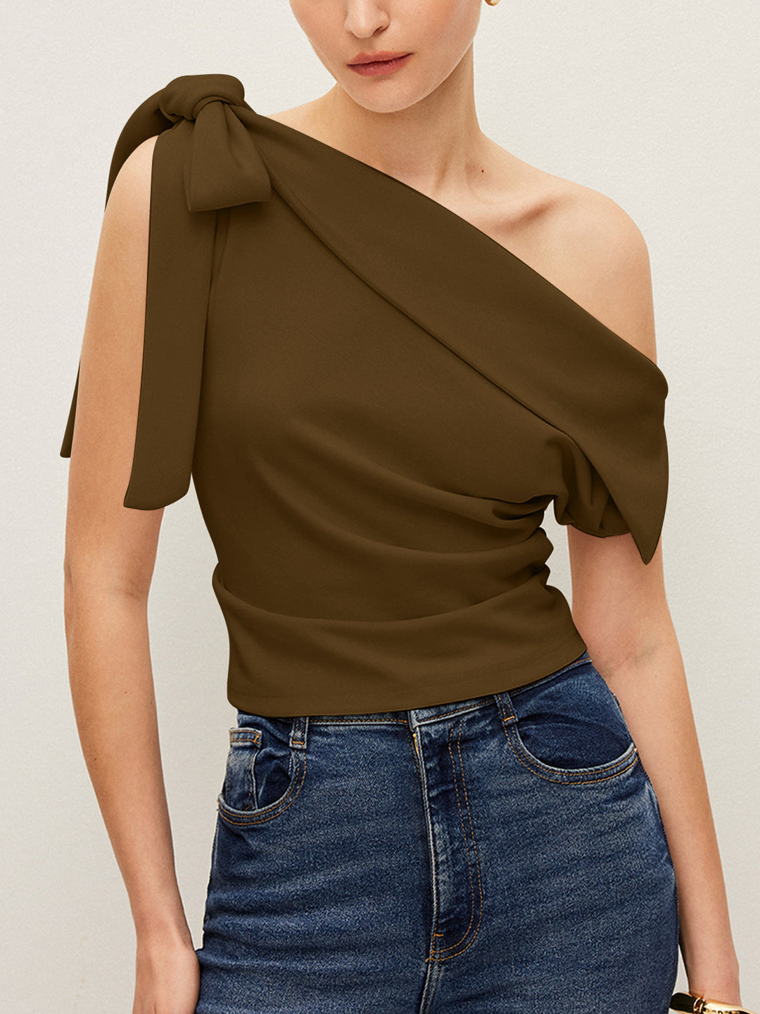 One-Shoulder Top With Bow Detail  Liora Lane Boutique T-Shirts Dark Green / XL 29.00