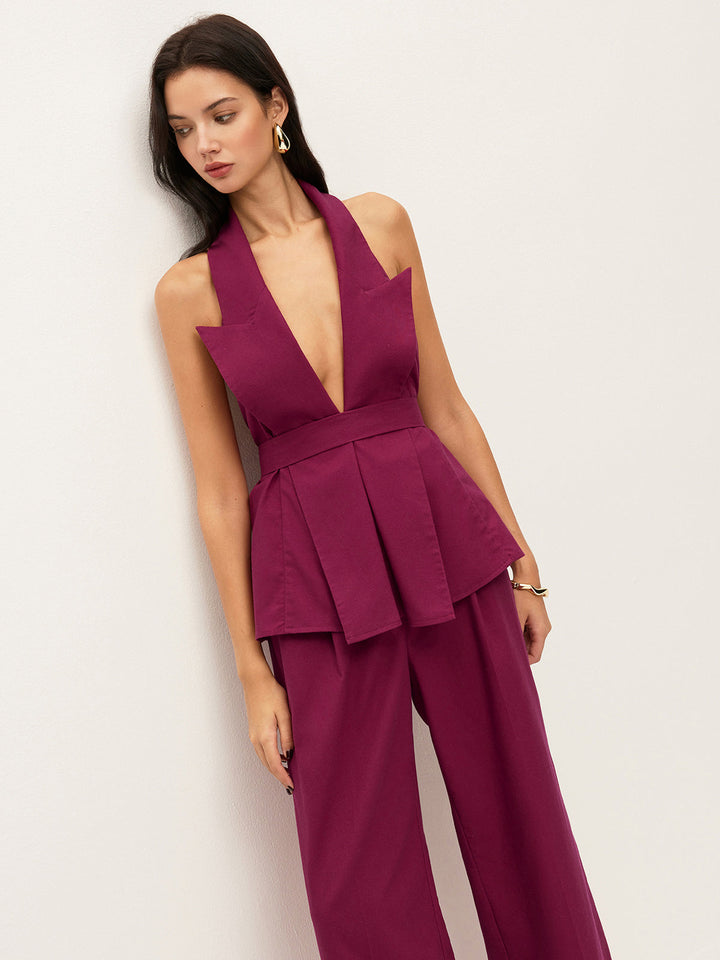 Halter Neck Belted Pocketed Pants Set  Liora Lane Boutique Pant Sets