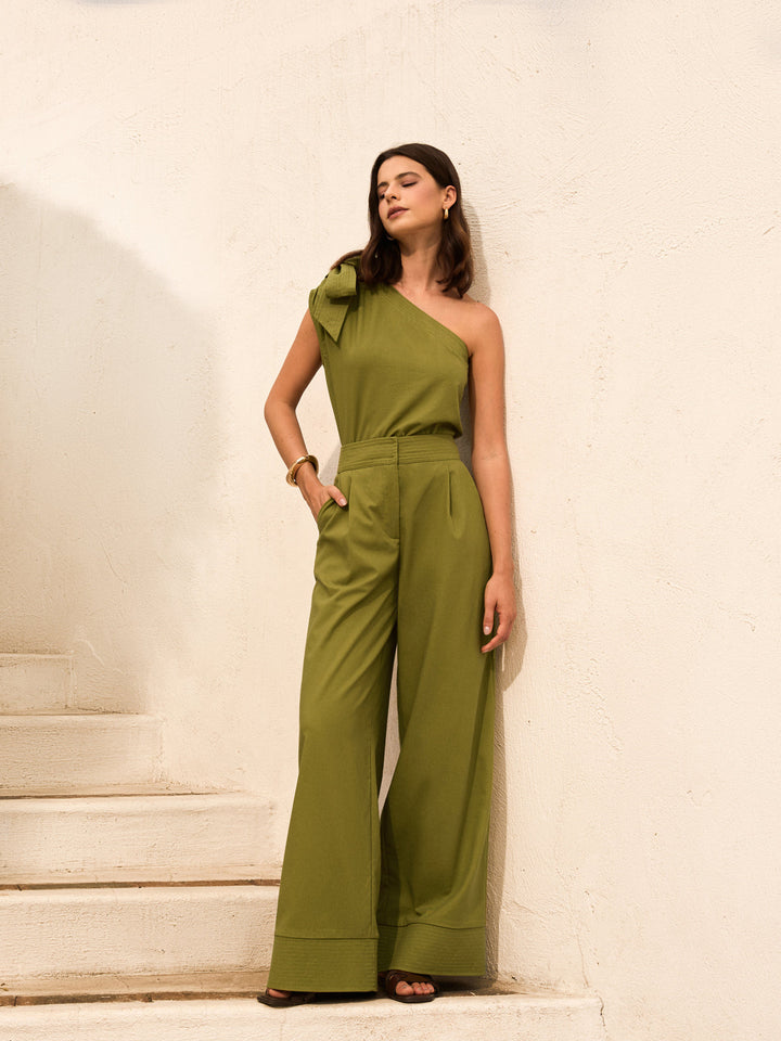 Cotton & Linen One-Shoulder Top With Pants Set  Liora Lane Boutique Pant Sets Green / XL 162.99