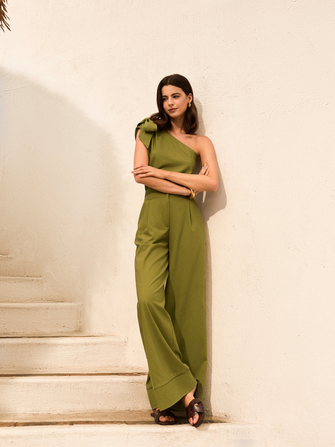 Cotton & Linen One-Shoulder Top With Pants Set  Liora Lane Boutique Pant Sets