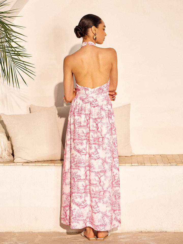 Halter Neck Printed Backless Dress With Pockets  Liora Lane Boutique Dresses
