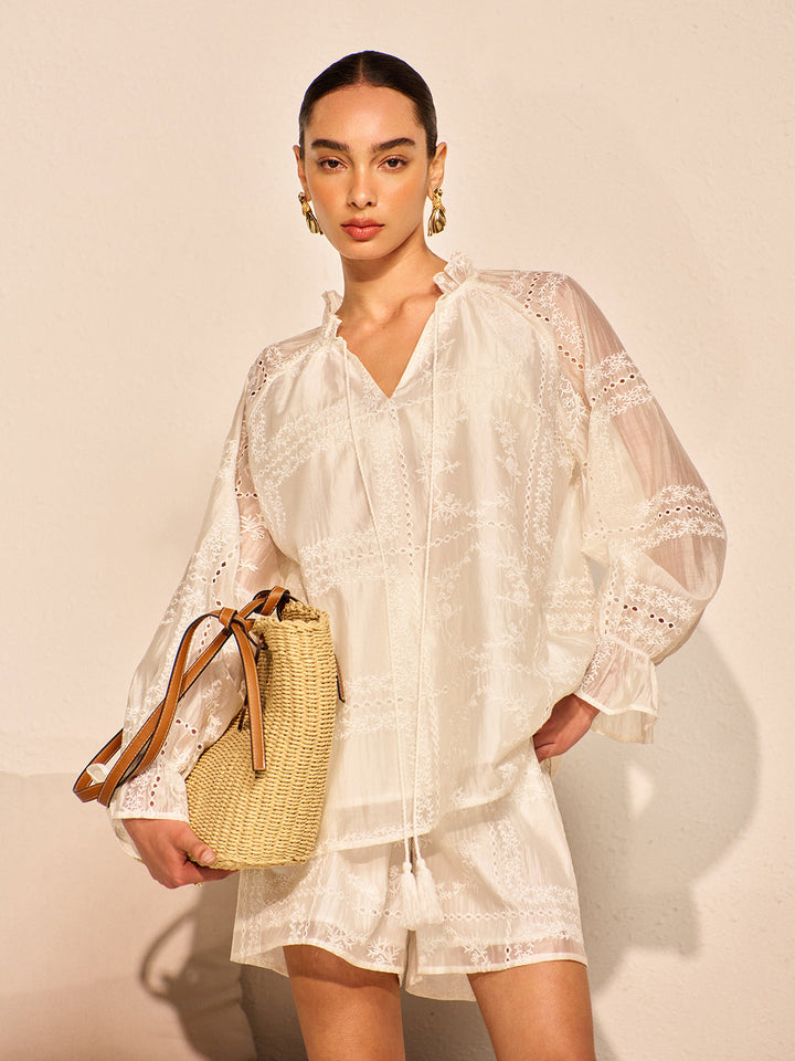 Embroidery Detail Long Sleeve Shorts Set  Liora Lane Boutique Short Sets