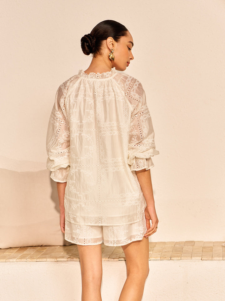 Embroidery Detail Long Sleeve Shorts Set  Liora Lane Boutique Short Sets