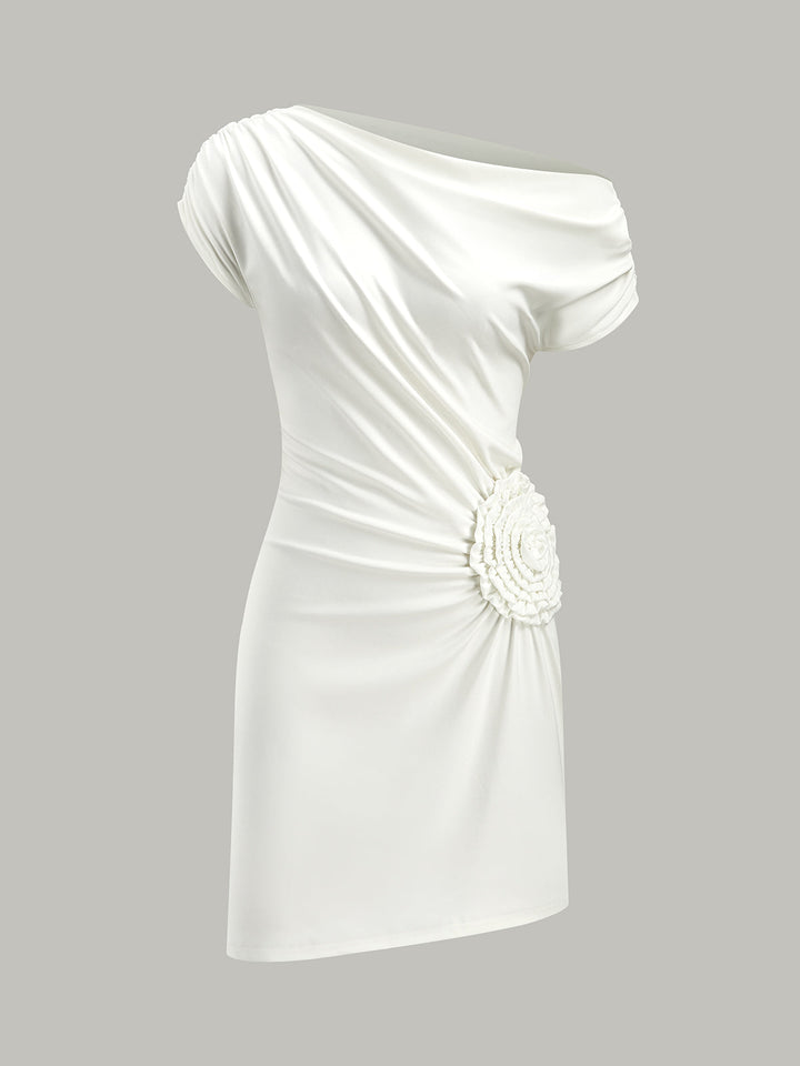 One-Shoulder Ruched Dress With Rosette Detail  Liora Lane Boutique Dresses White / XL 34.00