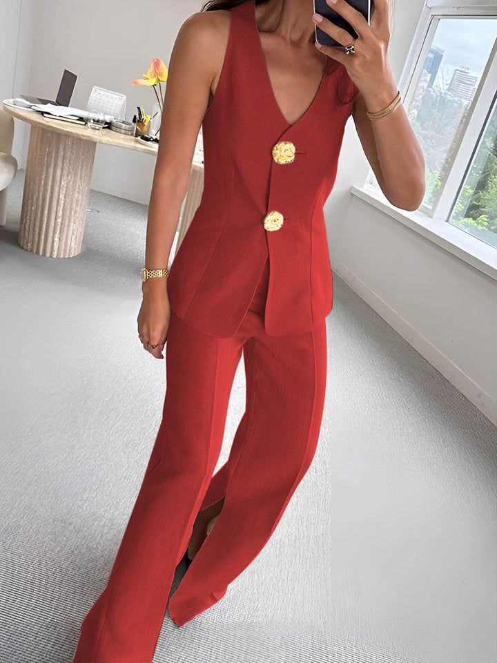 Button Split Sleeveless Pants Set  Liora Lane Boutique Pant Sets Red / XL 172.99