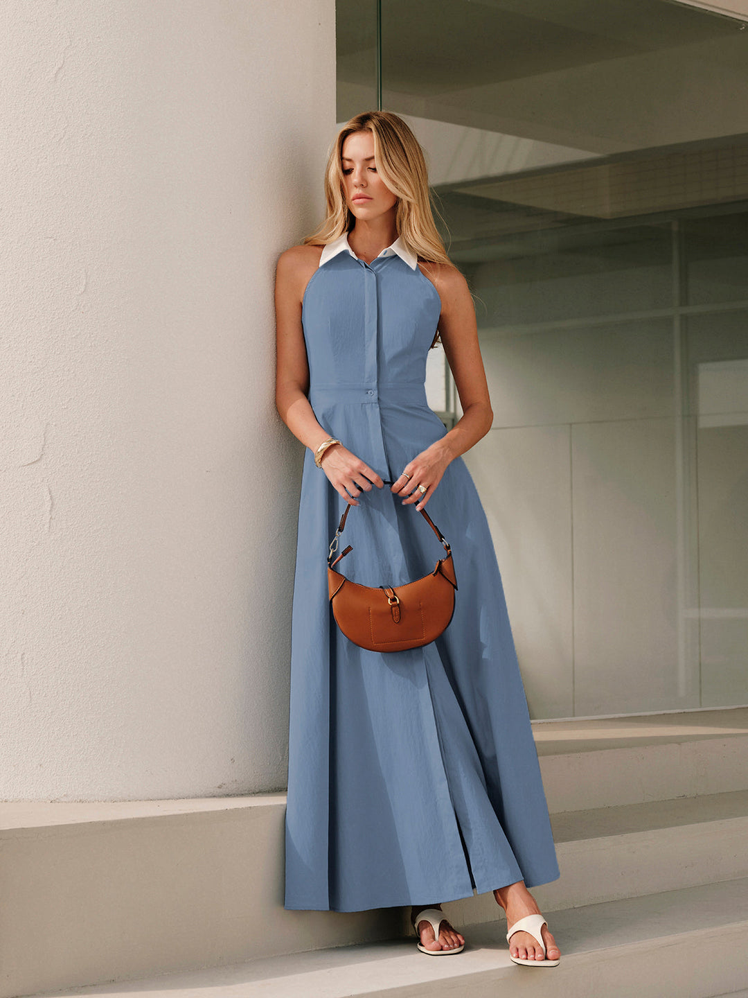 Button Sleeveless Collar Dress  Liora Lane Boutique Dresses Navy / XL 94.99