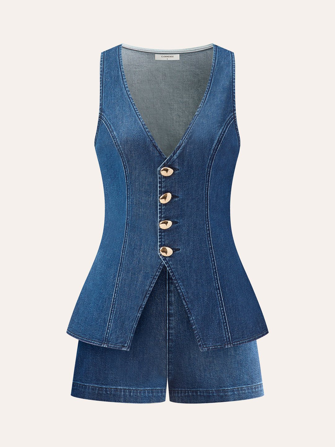 Metal Button Tie-Back Denim V-Neck Shorts Set  Liora Lane Boutique Short Sets Navy / XL 59.00
