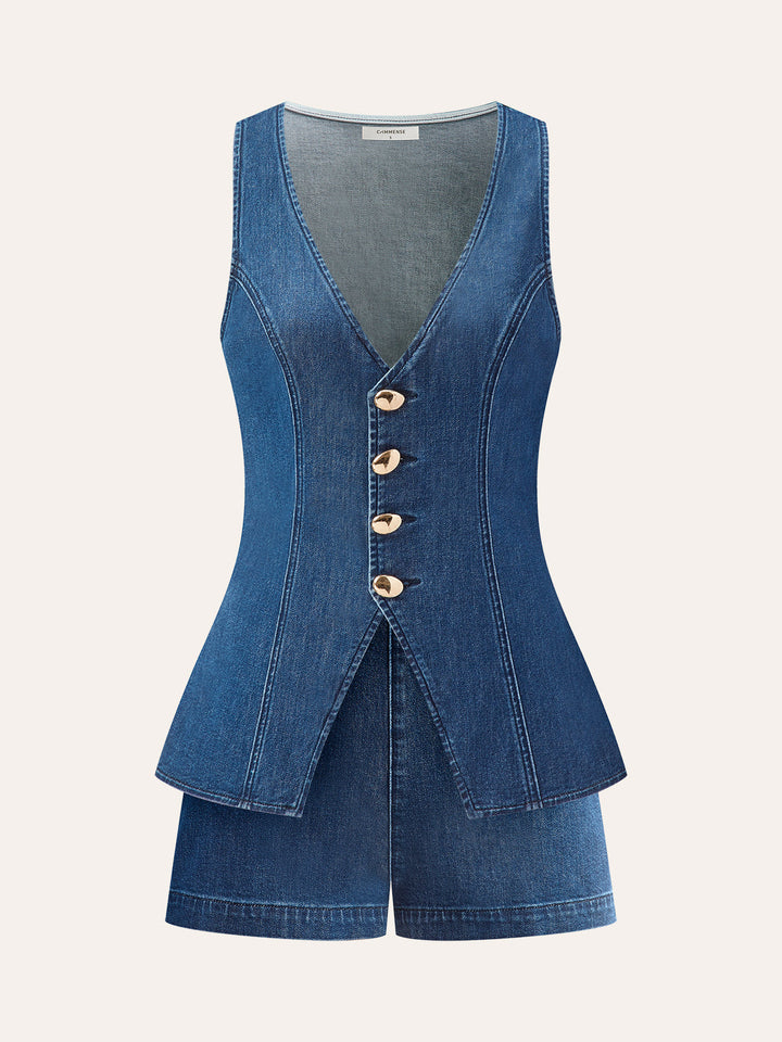 Metal Button Tie-Back Denim V-Neck Shorts Set  Liora Lane Boutique Short Sets Navy / XL 59.00