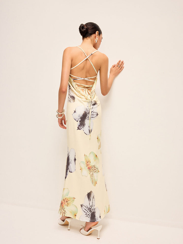 Backless Lace-Up Floral Dress  Liora Lane Boutique Dresses Apricot / XL 29.00