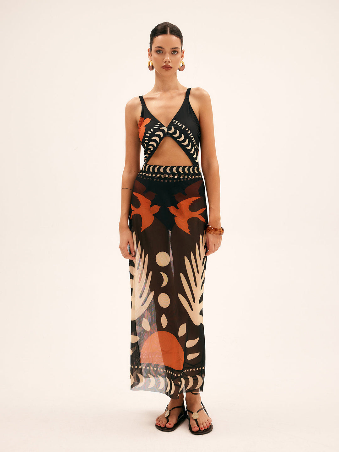 Bird Print Mesh Cover Up Maxi Skirt  Liora Lane Boutique Kimonos & Cover Ups