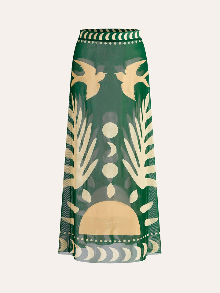 Bird Print Mesh Cover Up Maxi Skirt  Liora Lane Boutique Kimonos & Cover Ups Dark Green / XL 19.00